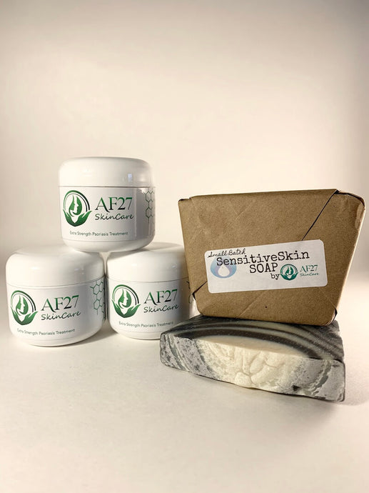3 Jars of AF27 Peppermint Salve Extra Strength Psoriasis Treatment for moderate to severe cases of psoriasis and eczema, along with 2 bars of sensitive skin soap, 1 bar in our compostable package.