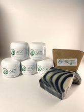 Load image into Gallery viewer, 5 Jars of AF27 Peppermint Salve Extra Strength Psoriasis Treatment for moderate to severe cases of psoriasis and eczema, along with 3 bars of sensitive skin soap, 1 shown in our compostable package.