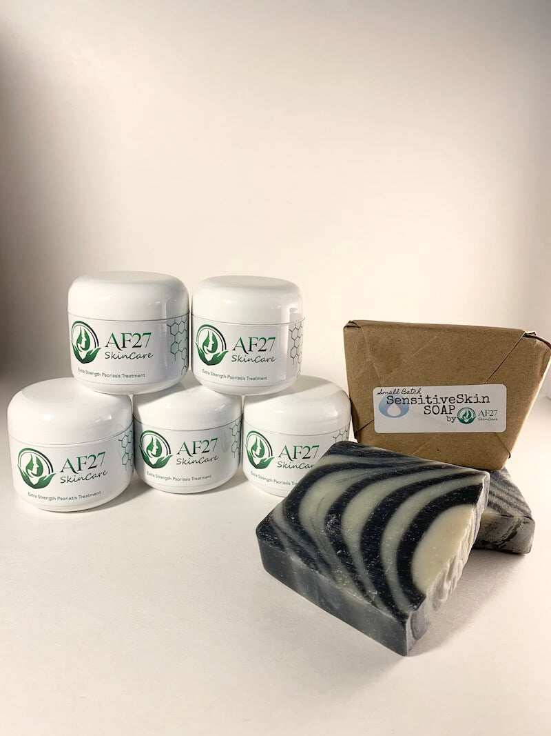 5 Jars of AF27 Peppermint Salve Extra Strength Psoriasis Treatment for moderate to severe cases of psoriasis and eczema, along with 3 bars of sensitive skin soap, 1 shown in our compostable package.